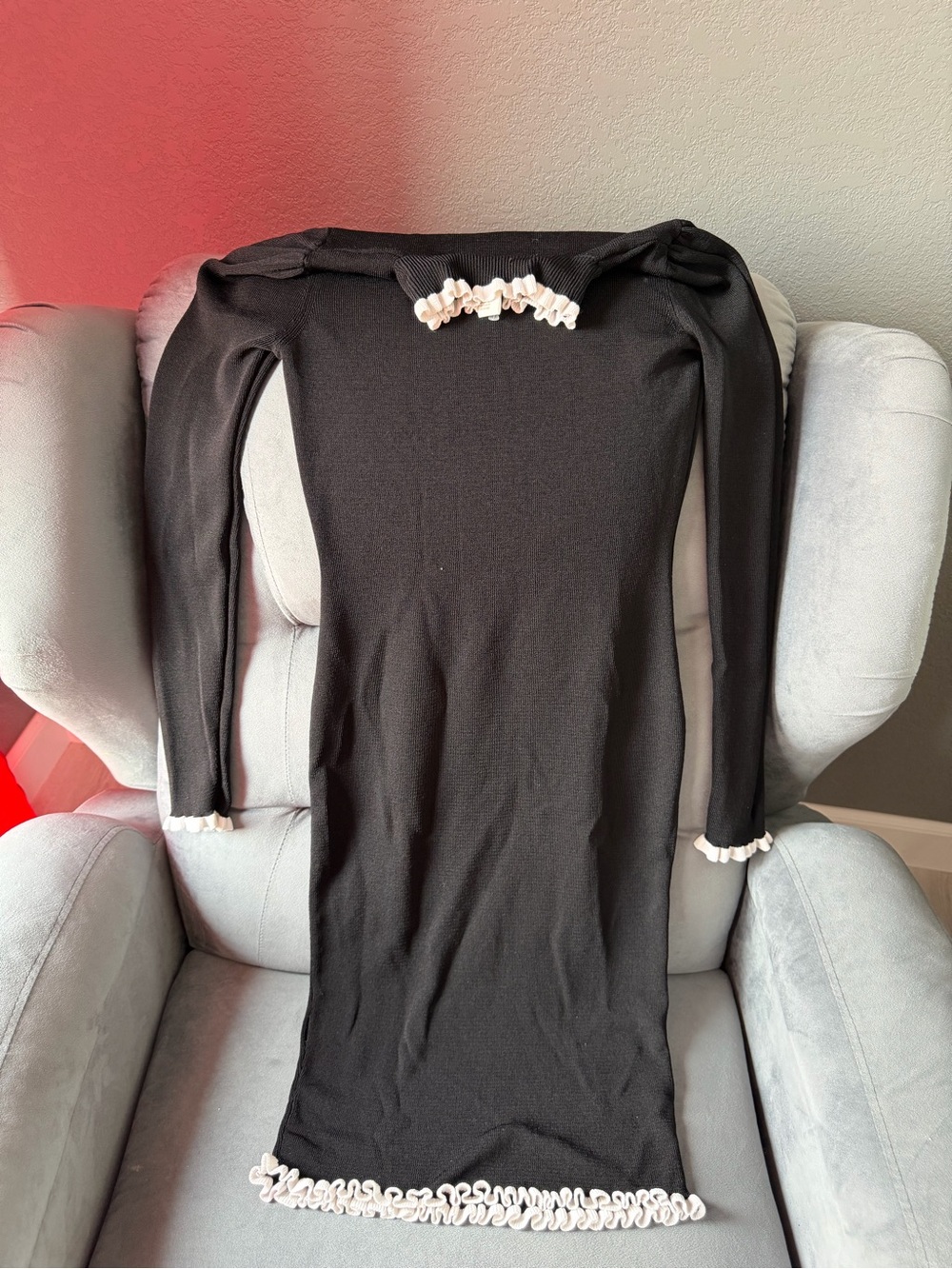 H&M Black Long-Sleeve Knit Dress with Cream Ruffle Trim
